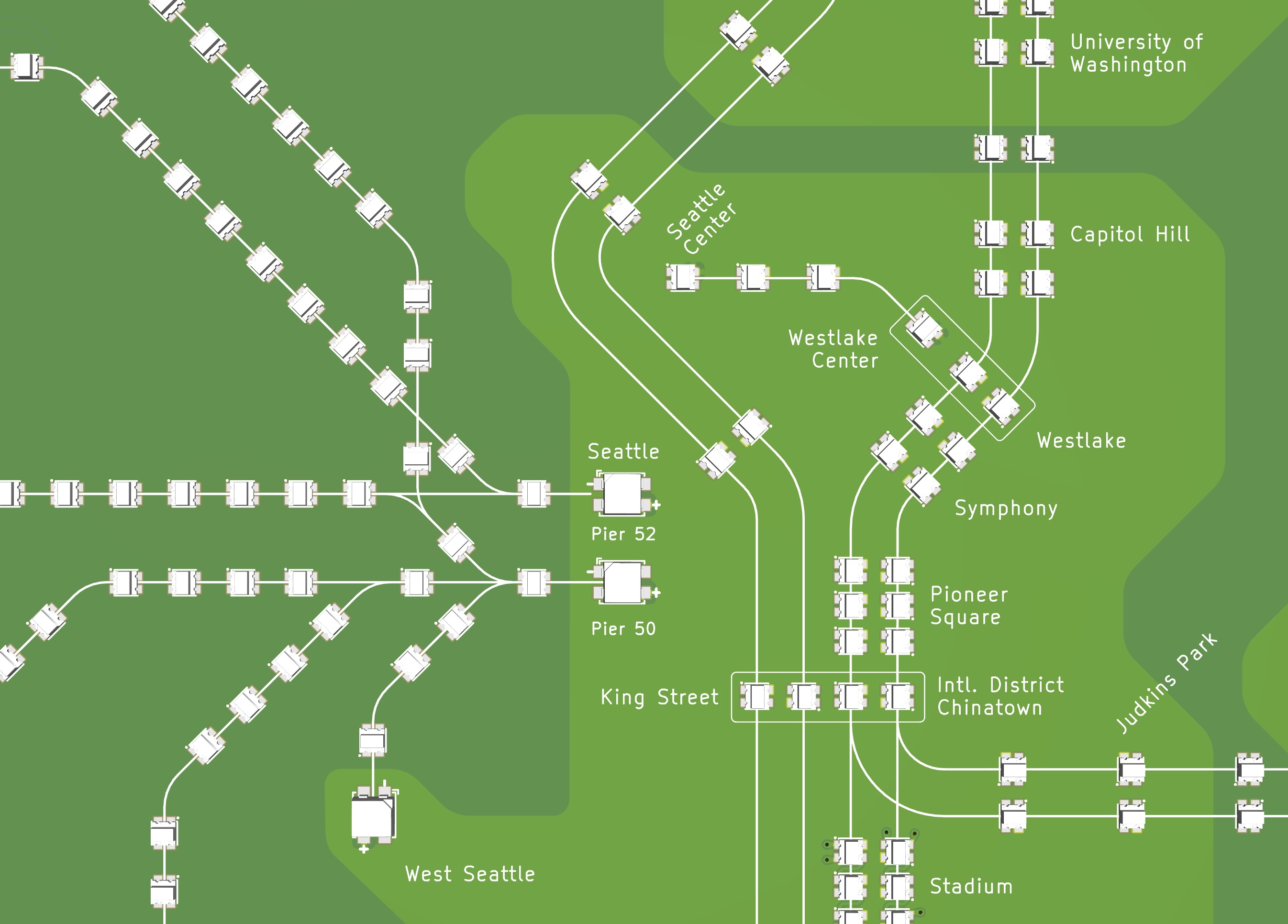 Closeup of downtown Seattle routes on the Rev B board