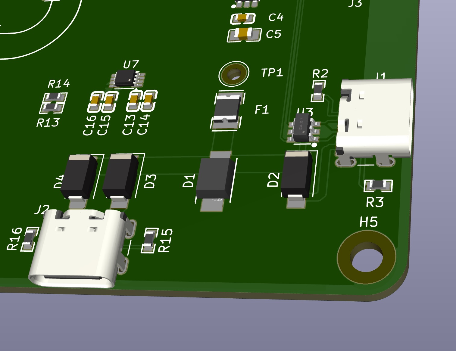 Closeup of the dual USB-C power input area on the Rev B board