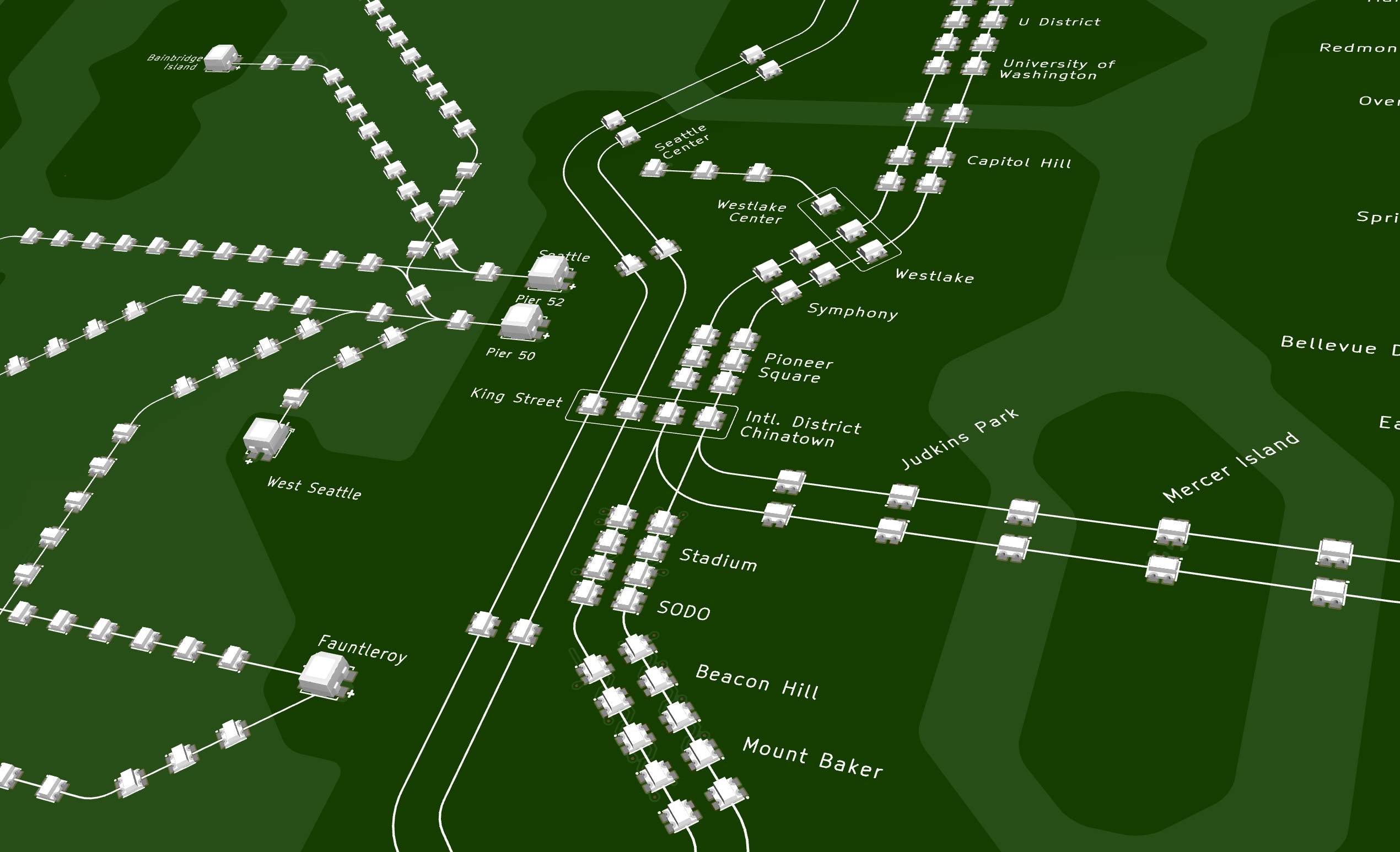Oblique closeup of downtown Seattle, ferry terminals, Link, and Eastside routes on the Rev B board