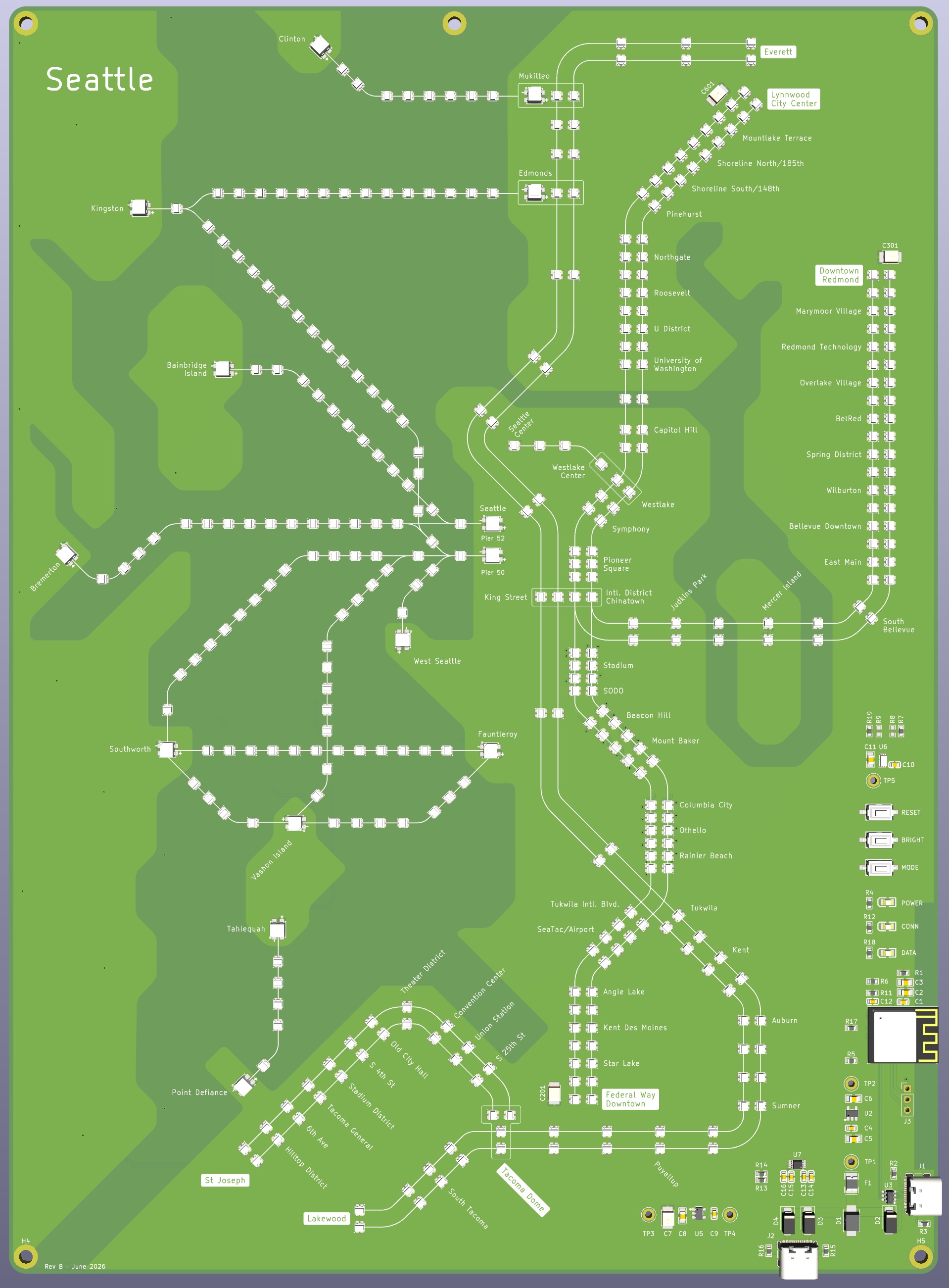 Full Seattle Transit Live Rev B board showing the regional transit map