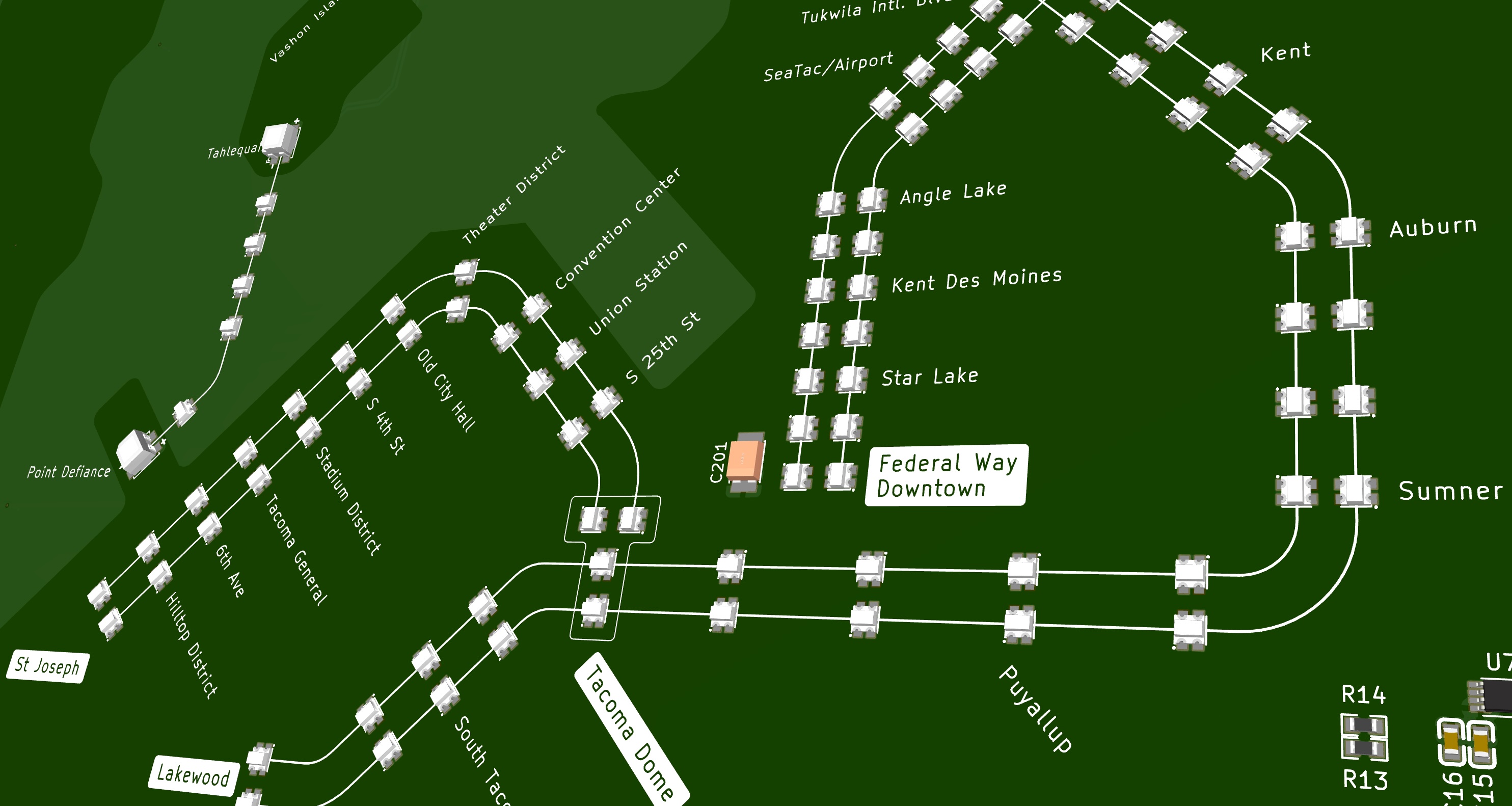 Oblique closeup of south sound rail and ferry routes on the Rev B board